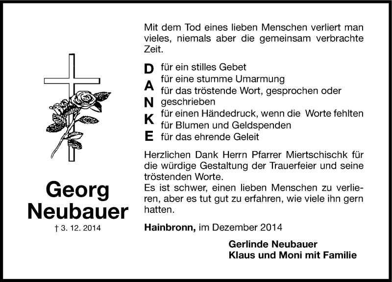  Traueranzeige für Georg Neubauer vom 13.12.2014 aus Nordbayerische Nachrichten Pegnitz Lokal