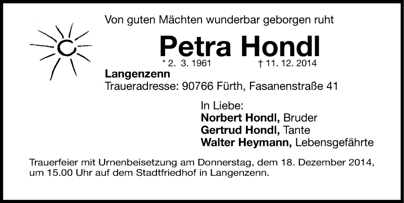  Traueranzeige für Petra Hondl vom 15.12.2014 aus Fürther Nachrichten Lokal