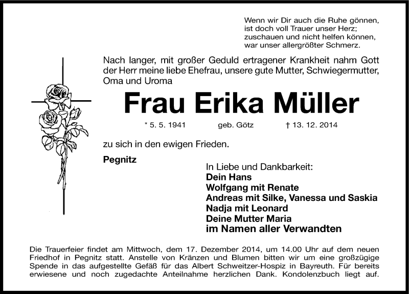  Traueranzeige für Erika Müller vom 16.12.2014 aus Nordbayerische Nachrichten Pegnitz Lokal