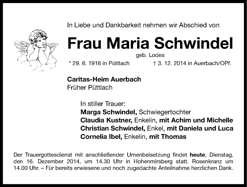  Traueranzeige für Maria Schwindel vom 16.12.2014 aus Nordbayerische Nachrichten Pegnitz Lokal