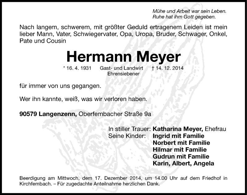  Traueranzeige für Hermann Meyer vom 16.12.2014 aus Fürther Nachrichten Lokal