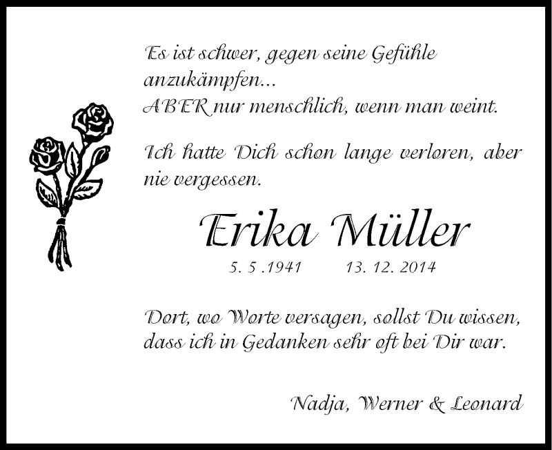  Traueranzeige für Erika Müller vom 17.12.2014 aus Nordbayerische Nachrichten Pegnitz Lokal