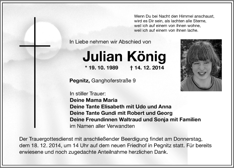 Traueranzeige für Julian König vom 16.12.2014 aus Nordbayerische Nachrichten Pegnitz Lokal