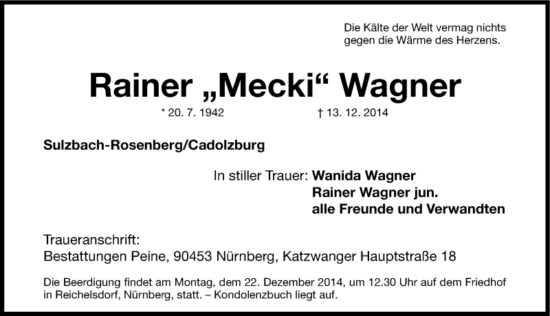  Traueranzeige für Rainer Wagner vom 17.12.2014 aus Gesamtausgabe Nürnberger Nachrichten/ Nürnberger Ztg.