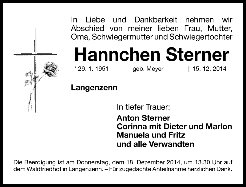  Traueranzeige für Hannchen Sterner vom 17.12.2014 aus Gesamtausgabe Nürnberger Nachrichten/ Nürnberger Ztg.