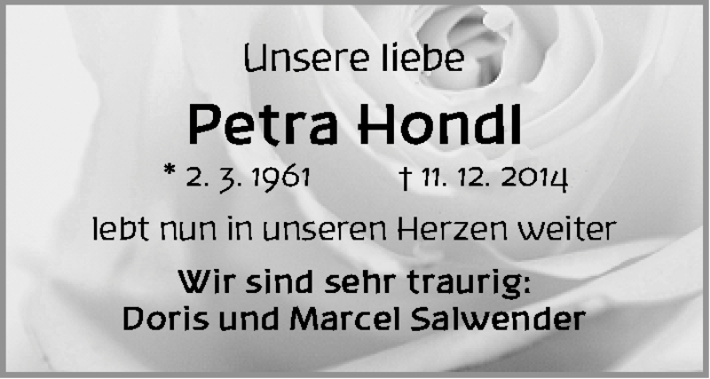  Traueranzeige für Petra Hondl vom 18.12.2014 aus Fürther Nachrichten Lokal