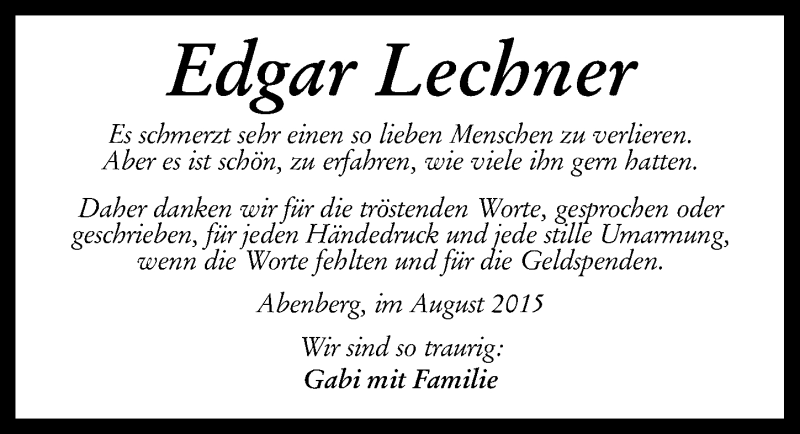  Traueranzeige für Edgar Lechner vom 08.08.2015 aus Nürnberger Zeitung