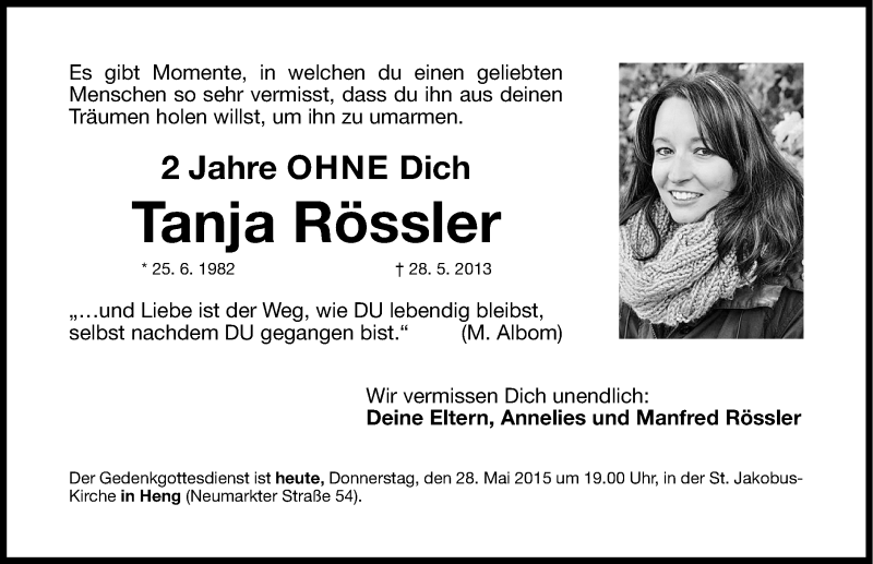  Traueranzeige für Tanja Rössler vom 28.05.2015 aus Neumarkter Nachrichten Lokal