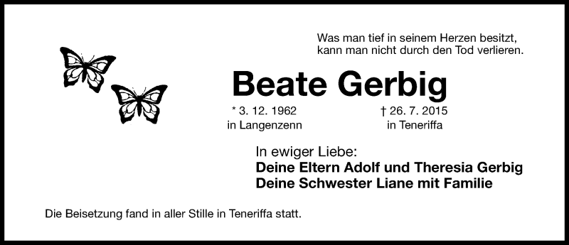  Traueranzeige für Beate Gerbig vom 28.07.2015 aus Fürther Nachrichten Lokal