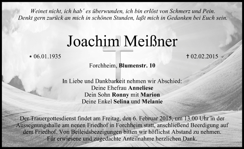  Traueranzeige für Joachim Meißner vom 04.02.2015 aus Nordbayerische Nachrichten Forchheim Lokal