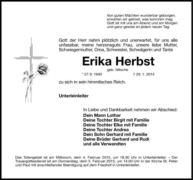  Traueranzeige für Erika Herbst vom 02.02.2015 aus Nordbayerische Nachrichten Forchheim Lokal
