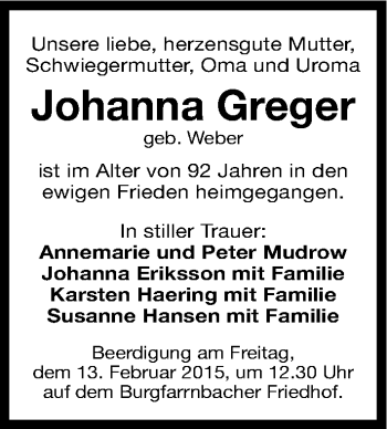 Traueranzeige von Johanna Greger von Fürther Nachrichten Lokal