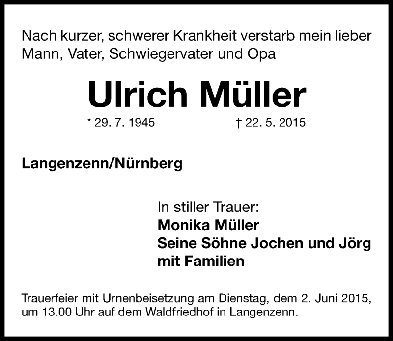  Traueranzeige für Ulrich Müller vom 30.05.2015 aus Fürther Nachrichten Lokal