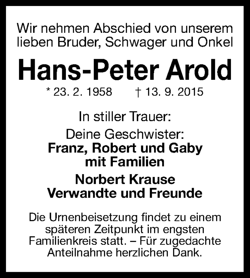  Traueranzeige für Hans-Peter Arold vom 16.09.2015 aus Gesamtausgabe Nürnberger Nachrichten/ Nürnberger Ztg.