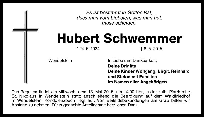  Traueranzeige für Hubert Schwemmer vom 11.05.2015 aus Schwabach