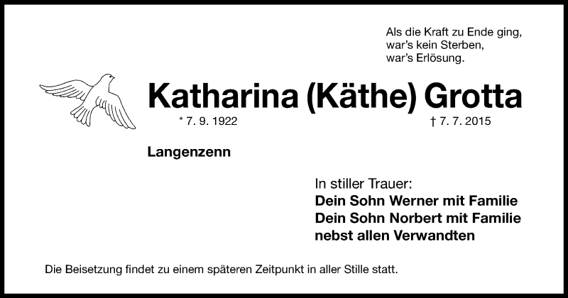  Traueranzeige für Katharina  Grotta vom 09.07.2015 aus Fürther Nachrichten Lokal