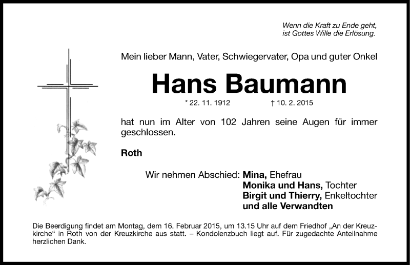  Traueranzeige für Hans Baumann vom 14.02.2015 aus Roth-Hilpoltsteiner Volkszeitung Lokal