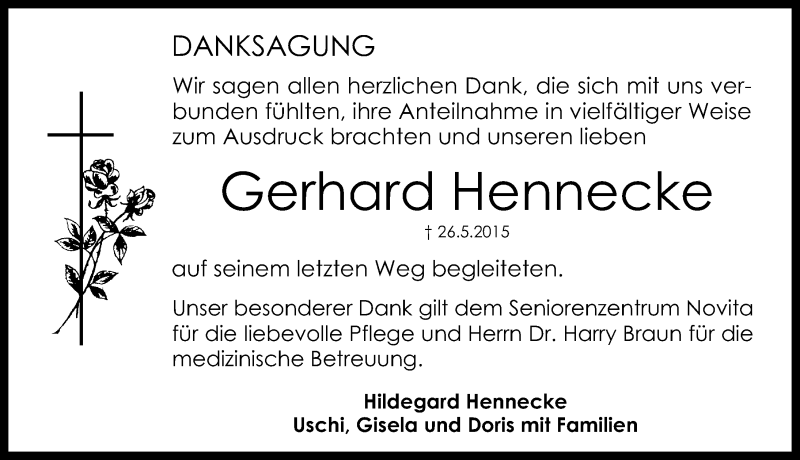  Traueranzeige für Gerhard Hennecke vom 06.06.2015 aus Schwabach