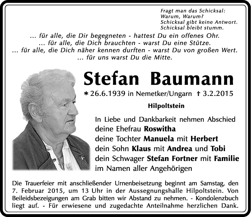  Traueranzeige für Stefan Baumann vom 05.02.2015 aus Roth-Hilpoltsteiner Volkszeitung Lokal