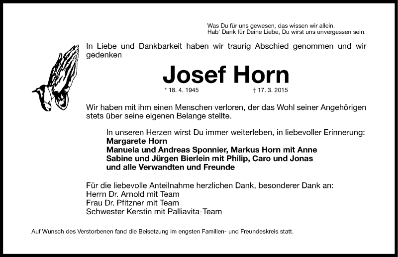  Traueranzeige für Josef Horn vom 28.03.2015 aus Erlanger Nachrichten/ Nordbayer. Nachrichten Forchheim