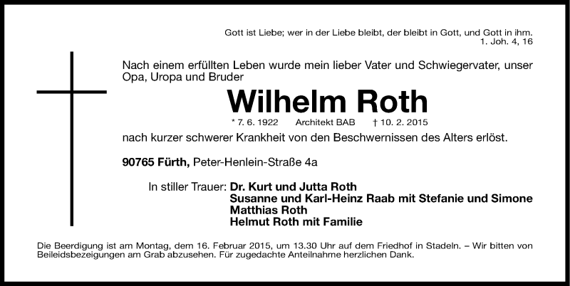  Traueranzeige für Wilhelm Roth vom 14.02.2015 aus Fürther Nachrichten Lokal