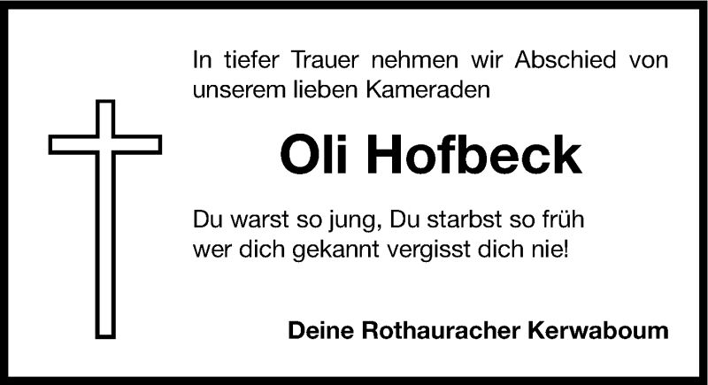  Traueranzeige für Oli Hofbeck vom 08.01.2015 aus Roth-Hilpoltsteiner Volkszeitung Lokal