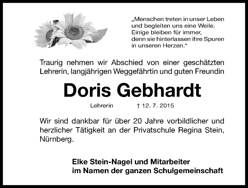  Traueranzeige für Doris Gebhardt vom 18.07.2015 aus Gesamtausgabe Nürnberger Nachrichten/ Nürnberger Ztg.