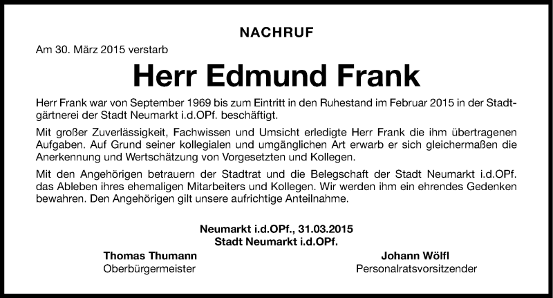  Traueranzeige für Edmund Frank vom 01.04.2015 aus Neumarkter Nachrichten Lokal