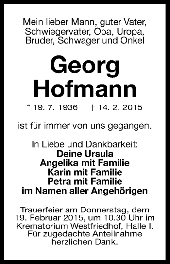Traueranzeige von Georg Hofmann von Gesamtausgabe Nürnberger Nachrichten/ Nürnberger Ztg.