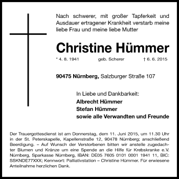 Traueranzeige von Christine Hümmer von Gesamtausgabe Nürnberger Nachrichten/ Nürnberger Ztg.