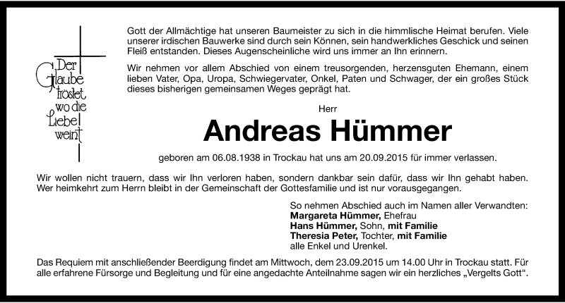  Traueranzeige für Andreas Hümmer vom 22.09.2015 aus Nordbayerische Nachrichten Pegnitz Lokal