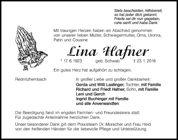 Traueranzeige von Lina Hafner von Schwabach