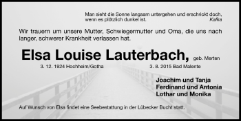 Traueranzeige von Elsa Louise Lauterbach von Fürther Nachrichten Lokal