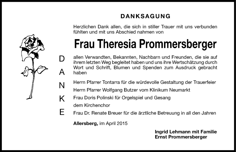  Traueranzeige für Theresia Prommersberger vom 18.04.2015 aus Roth-Hilpoltsteiner Volkszeitung Lokal