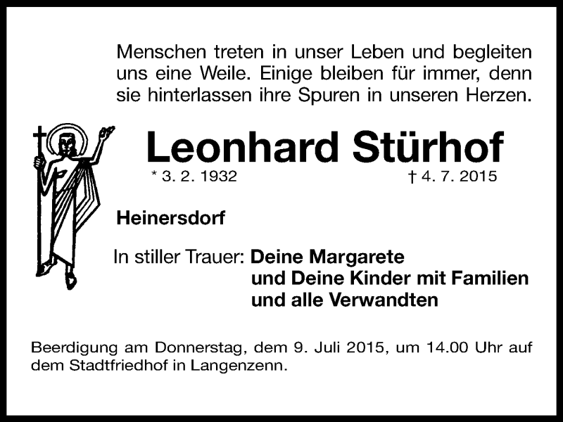  Traueranzeige für Leonhard Stürhof vom 07.07.2015 aus Fürther Nachrichten Lokal