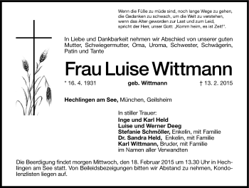 Traueranzeige von Luise Wittmann von Altmühl-Bote Lokal