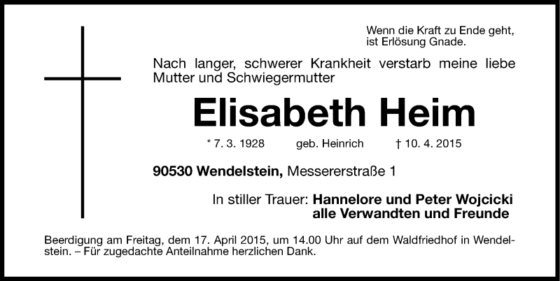 Traueranzeige für Elisabeth Heim vom 14.04.2015 aus Gesamtausgabe Nürnberger Nachrichten/ Nürnberger Ztg.