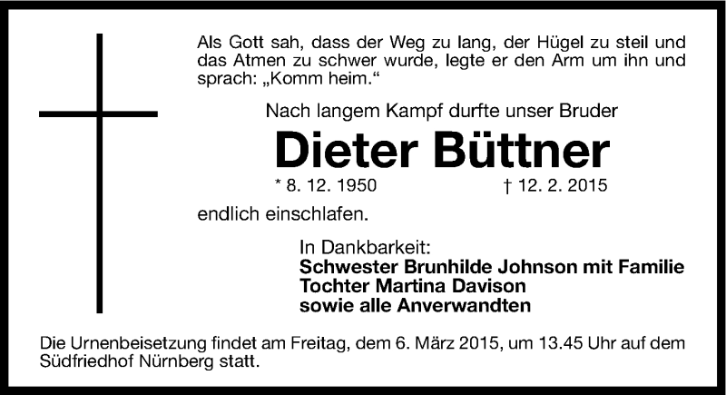  Traueranzeige für Dieter Büttner vom 28.02.2015 aus Gesamtausgabe Nürnberger Nachrichten/ Nürnberger Ztg.