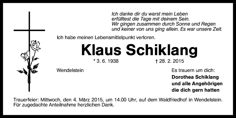 Traueranzeige für Klaus Schiklang vom 02.03.2015 aus Schwabach
