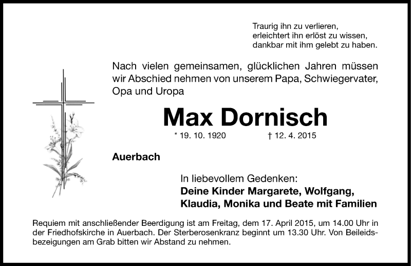  Traueranzeige für Max Dornisch vom 14.04.2015 aus Nordbayerische Nachrichten Pegnitz Lokal