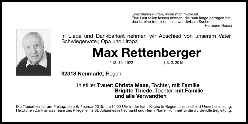  Traueranzeige für Max Rettenberger vom 05.02.2015 aus Neumarkter Nachrichten Lokal