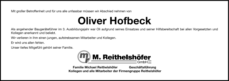  Traueranzeige für Oli Hofbeck vom 02.01.2015 aus Roth-Hilpoltsteiner Volkszeitung Lokal