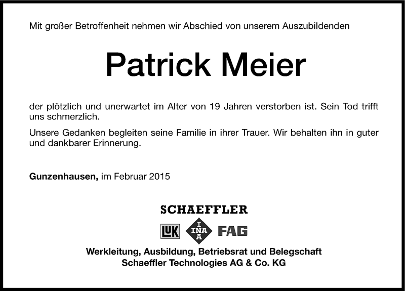  Traueranzeige für Patrick Meier vom 07.02.2015 aus Altmühl-Bote Lokal