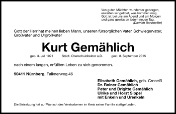 Traueranzeige von Kurt Gemählich von Gesamtausgabe Nürnberger Nachrichten/ Nürnberger Ztg.