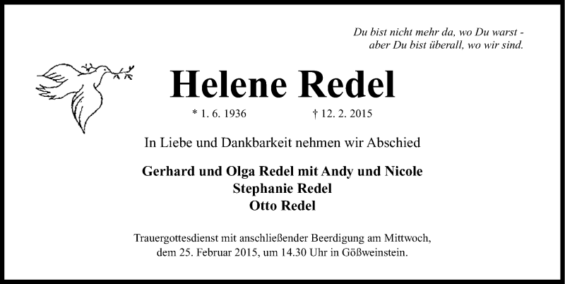  Traueranzeige für Helene Redel vom 21.02.2015 aus Gesamtausgabe Nürnberger Nachrichten/ Nürnberger Ztg.