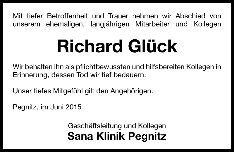  Traueranzeige für Richard Glück vom 12.06.2015 aus Nordbayerische Nachrichten Pegnitz Lokal