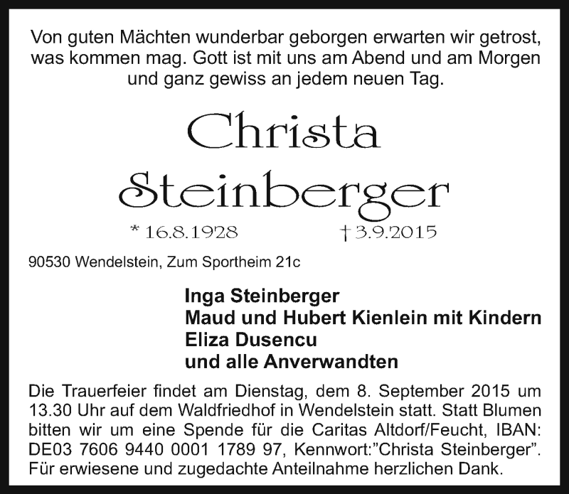  Traueranzeige für Inga Steinberger vom 07.09.2015 aus Schwabach