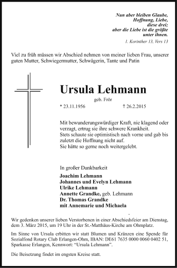 Traueranzeige von Ursula Lehmann von Erlanger Nachrichten Lokal
