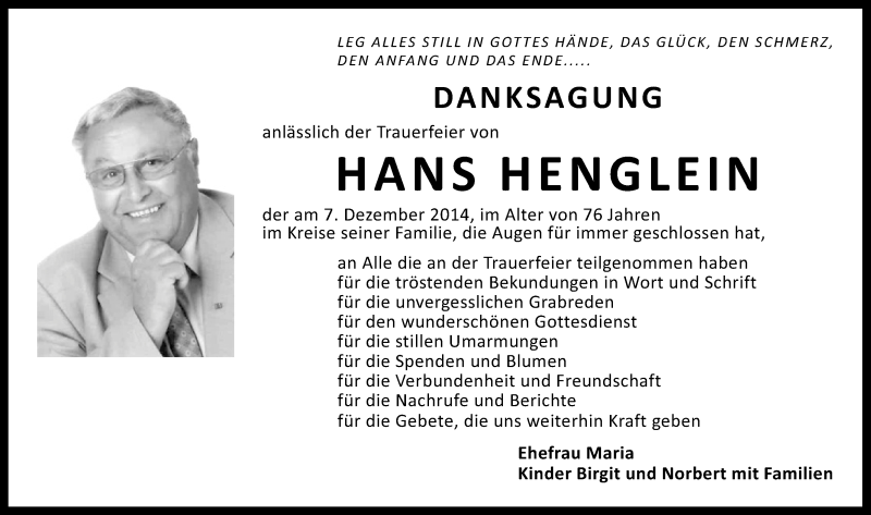  Traueranzeige für Hans Henglein vom 20.12.2014 aus Gesamtausgabe Nürnberger Nachrichten/ Nürnberger Ztg.