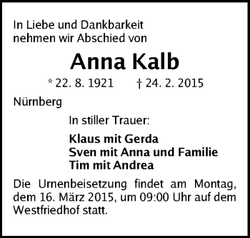 Traueranzeige von Anna Kalb von Gesamtausgabe Nürnberger Nachrichten/ Nürnberger Ztg.